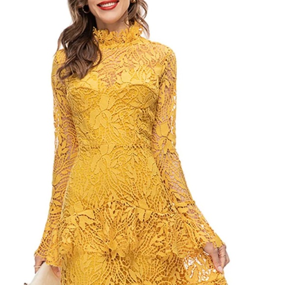 Glory Connection Yellow Rebekah Ruffle Lace Maxi Elegant Dress NWT - Picture 2 of 16
